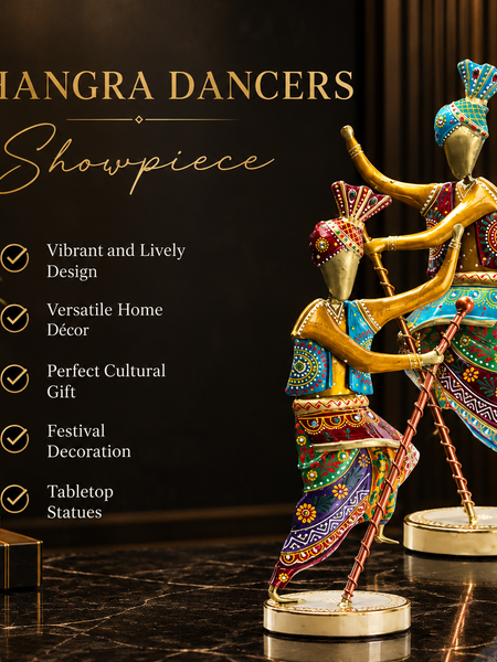 Handcrafted 14-Inch Bhangra Dancer Statues – Vibrant Punjabi Folk Dance Metal Showpiece Set for Traditional Indian Home Décor