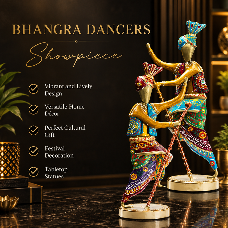 Handcrafted 14-Inch Bhangra Dancer Statues – Vibrant Punjabi Folk Dance Metal Showpiece Set for Traditional Indian Home Décor