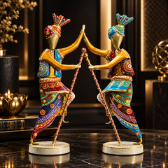 Handcrafted 14-Inch Bhangra Dancer Statues – Vibrant Punjabi Folk Dance Metal Showpiece Set for Traditional Indian Home Décor