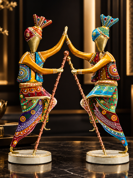 Handcrafted 14-Inch Bhangra Dancer Statues – Vibrant Punjabi Folk Dance Metal Showpiece Set for Traditional Indian Home Décor