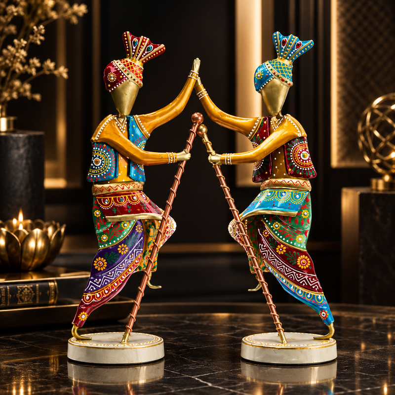 Handcrafted 14-Inch Bhangra Dancer Statues – Vibrant Punjabi Folk Dance Metal Showpiece Set for Traditional Indian Home Décor