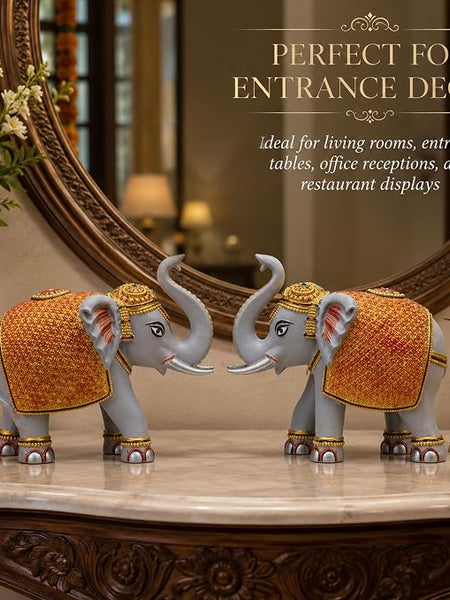 Grey Elephant Showpiece Pair, Marble Dust Resin, 8 Inch