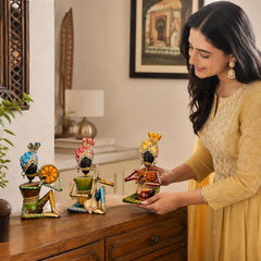 Rajasthani Bawla Musician Showpiece Set of 3 for Home Decor | Iron Metal Folk Artist Statue with Instruments | Hand Painted Tabletop Decor for Living Room Office Gift