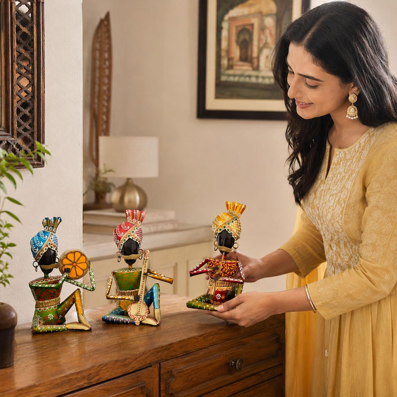 Rajasthani Bawla Musician Showpiece Set of 3 for Home Decor | Iron Metal Folk Artist Statue with Instruments | Hand Painted Tabletop Decor for Living Room Office Gift