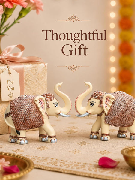 Peach Elephant Showpiece Pair, Marble Dust Resin, 3 Inch