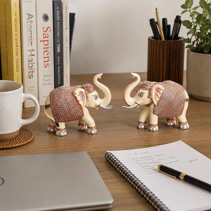 Peach Elephant Showpiece Pair, Marble Dust Resin, 5 Inch