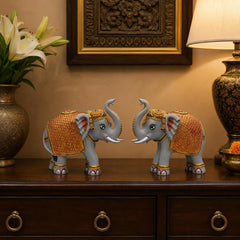 Grey Elephant Showpiece Pair, Marble Dust Resin, 3 Inch