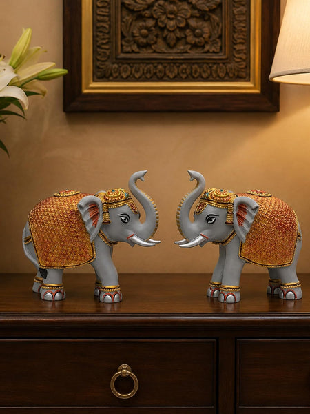 Grey Elephant Showpiece Pair, Marble Dust Resin, 3 Inch