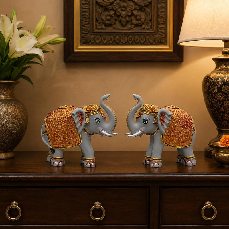 Grey Elephant Showpiece Pair, Marble Dust Resin, 3 Inch