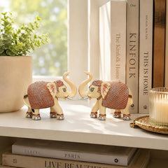 Peach Elephant Showpiece Pair, Marble Dust Resin, 3 Inch