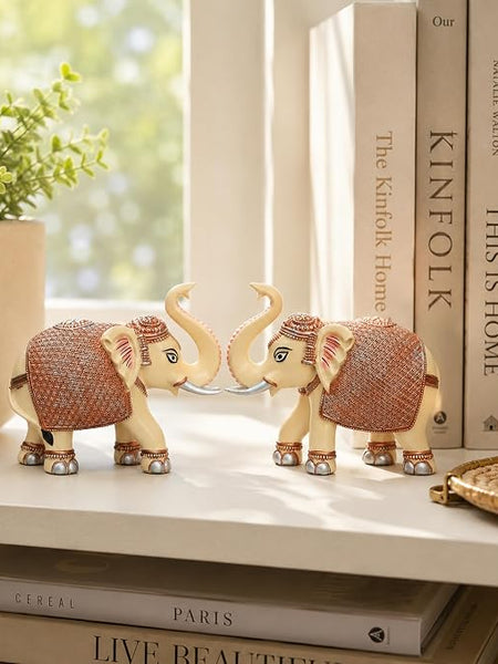 Peach Elephant Showpiece Pair, Marble Dust Resin, 3 Inch