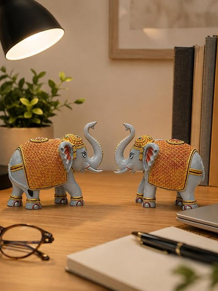 Grey Elephant Showpiece Pair, Marble Dust Resin, 3 Inch