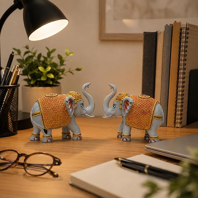 Grey Elephant Showpiece Pair, Marble Dust Resin, 3 Inch