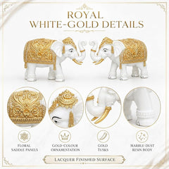 White-Gold Elephant Showpiece Pair, Marble Dust Resin, 8 Inch