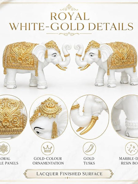 White-Gold Elephant Showpiece Pair, Marble Dust Resin, 8 Inch