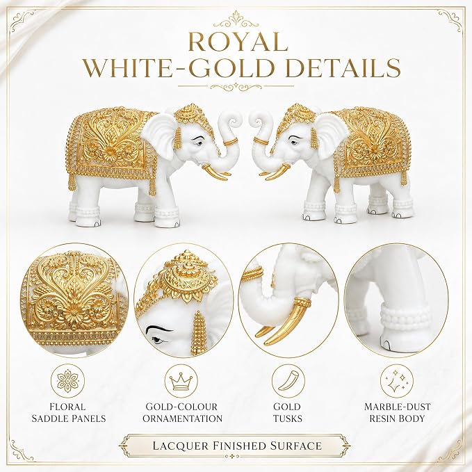 White-Gold Elephant Showpiece Pair, Marble Dust Resin, 8 Inch