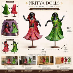 Nritya Dolls Showpiece Set of 2 for Home Decor | Large 20 Inch Wrought Iron Folk Dancer Figurines
