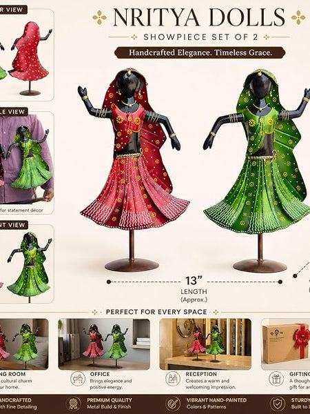 Nritya Dolls Showpiece Set of 2 for Home Decor | Large 20 Inch Wrought Iron Folk Dancer Figurines