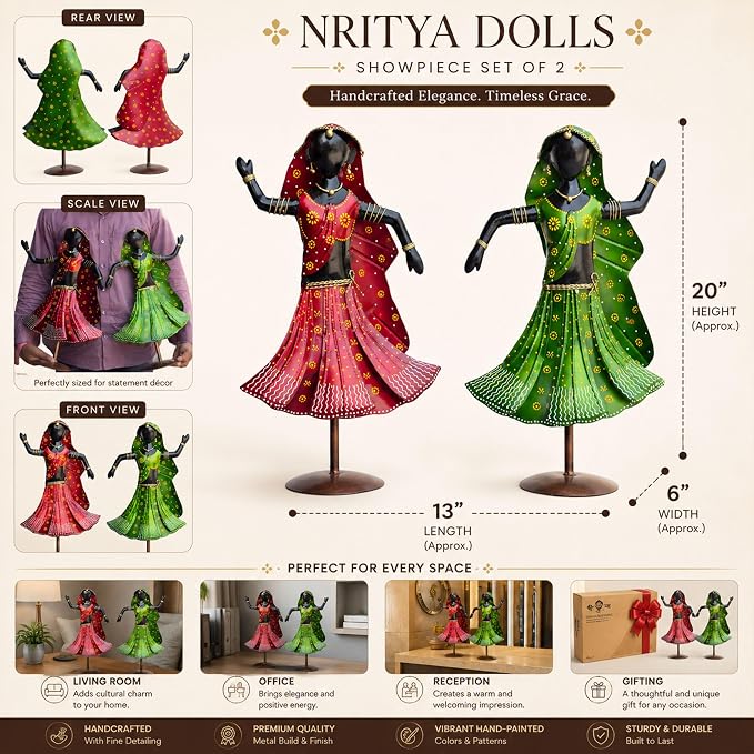 Nritya Dolls Showpiece Set of 2 for Home Decor | Large 20 Inch Wrought Iron Folk Dancer Figurines