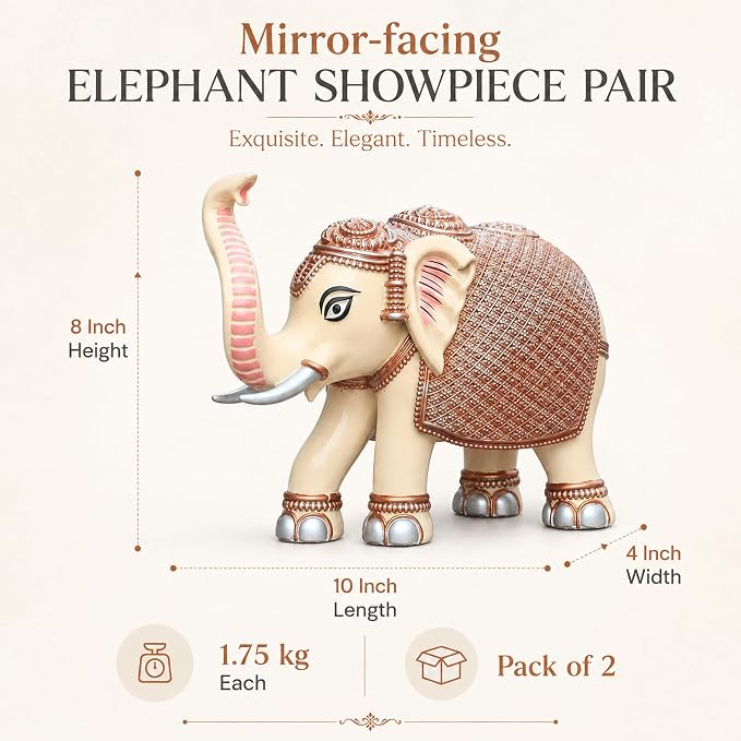 Peach Elephant Showpiece Pair, Marble Dust Resin, 8 Inch