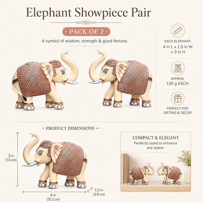 Peach Elephant Showpiece Pair, Marble Dust Resin, 3 Inch