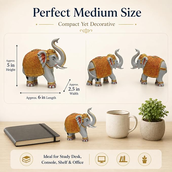 Grey Elephant Showpiece Pair, Marble Dust Resin, 3 Inch