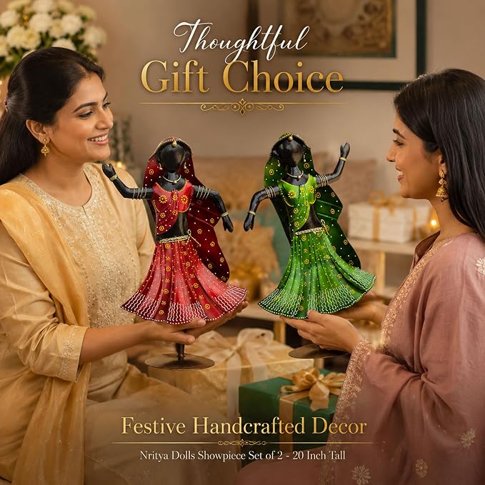 Nritya Dolls Showpiece Set of 2 for Home Decor | Large 20 Inch Wrought Iron Folk Dancer Figurines