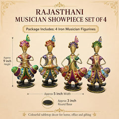 Gold Iron Rajasthani Musician Statue Showpiece Set of 4, 9 Inch