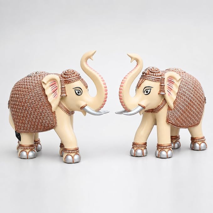 Peach Elephant Showpiece Pair, Marble Dust Resin, 8 Inch