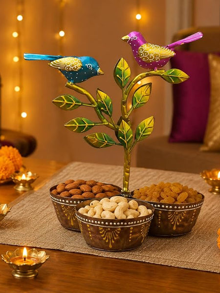 Iron Dry Fruit Bowl Stand with Bird Tree, 3 Bowls, 12 Inch