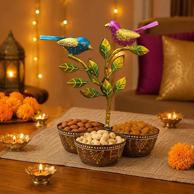 Iron Dry Fruit Bowl Stand with Bird Tree, 3 Bowls, 12 Inch