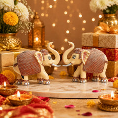 Peach Elephant Showpiece Pair, Marble Dust Resin, 8 Inch