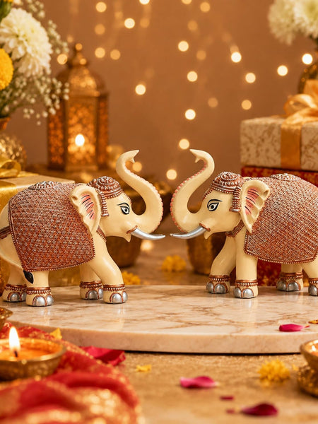 Peach Elephant Showpiece Pair, Marble Dust Resin, 8 Inch