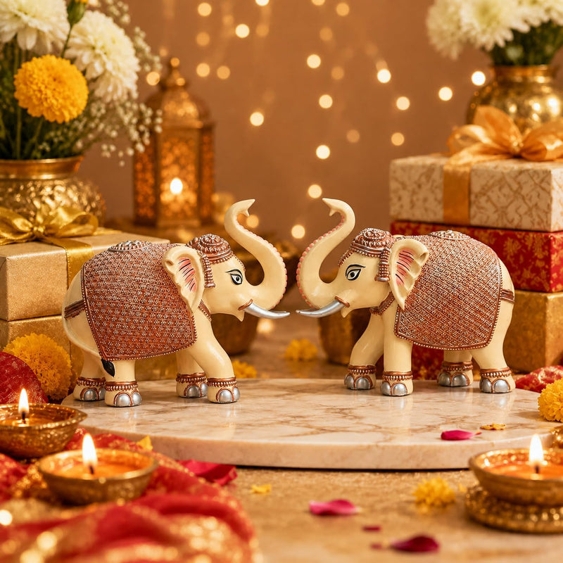 Peach Elephant Showpiece Pair, Marble Dust Resin, 8 Inch