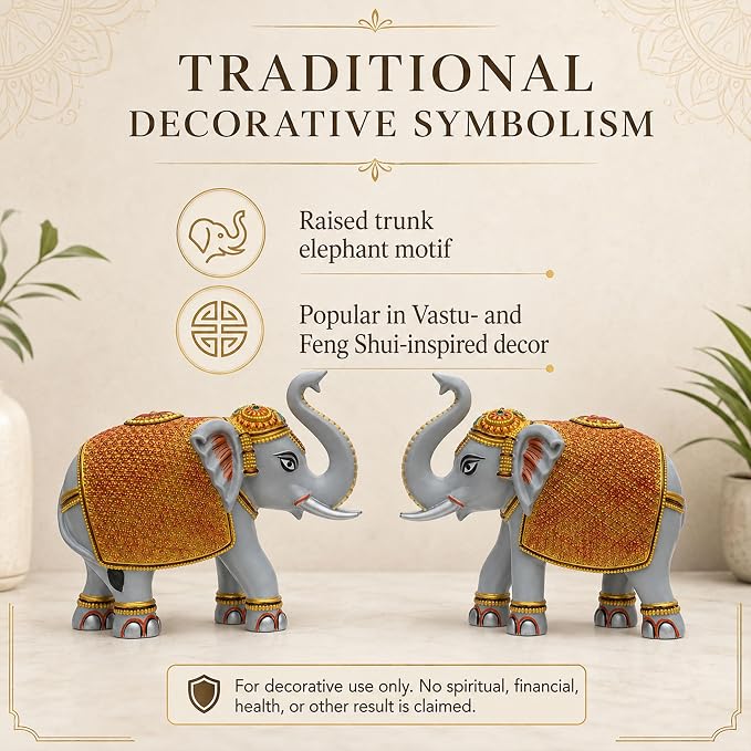 Grey Elephant Showpiece Pair, Marble Dust Resin, 8 Inch
