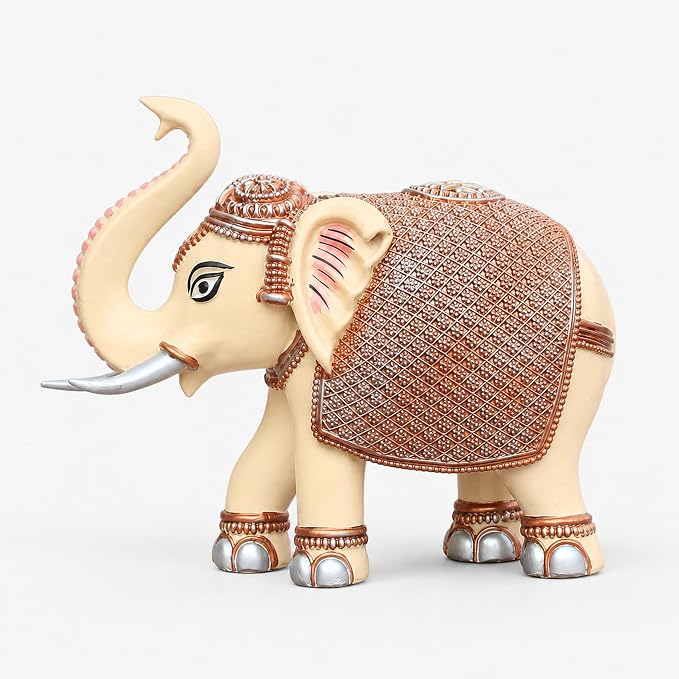 Peach Elephant Showpiece Pair, Marble Dust Resin, 8 Inch