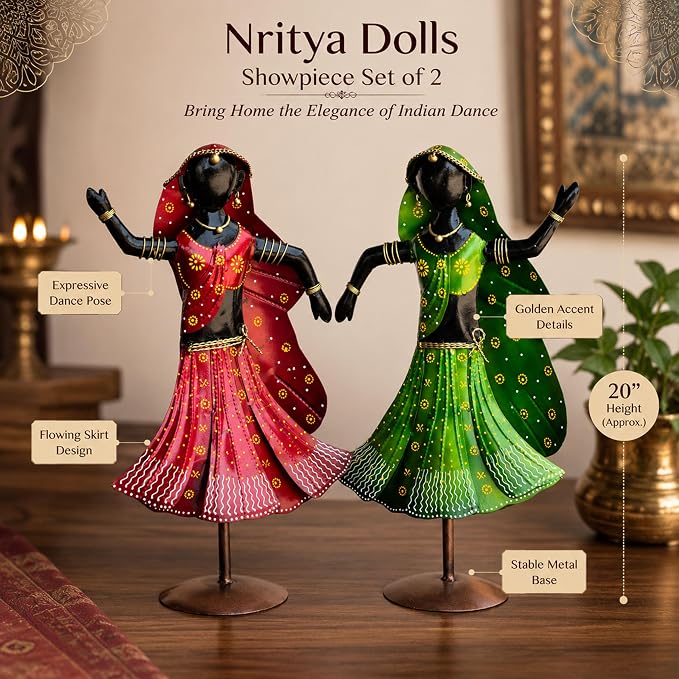 Nritya Dolls Showpiece Set of 2 for Home Decor | Large 20 Inch Wrought Iron Folk Dancer Figurines