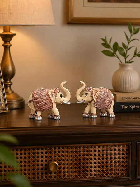 Peach Elephant Showpiece Pair, Marble Dust Resin, 3 Inch