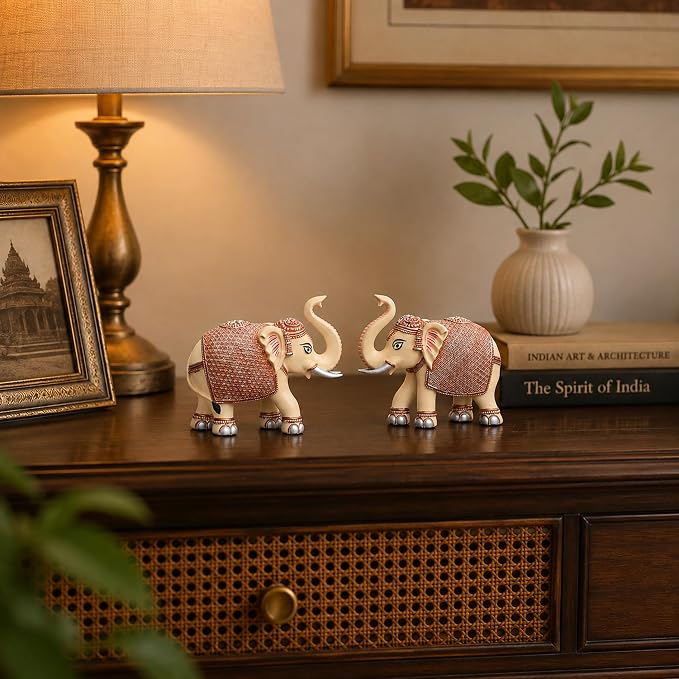 Peach Elephant Showpiece Pair, Marble Dust Resin, 3 Inch