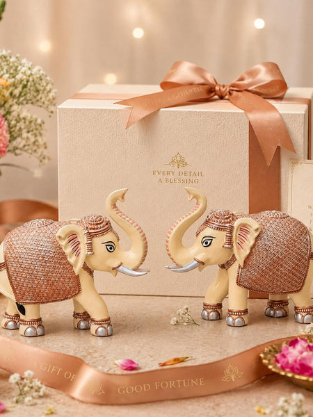 Peach Elephant Showpiece Pair, Marble Dust Resin, 5 Inch