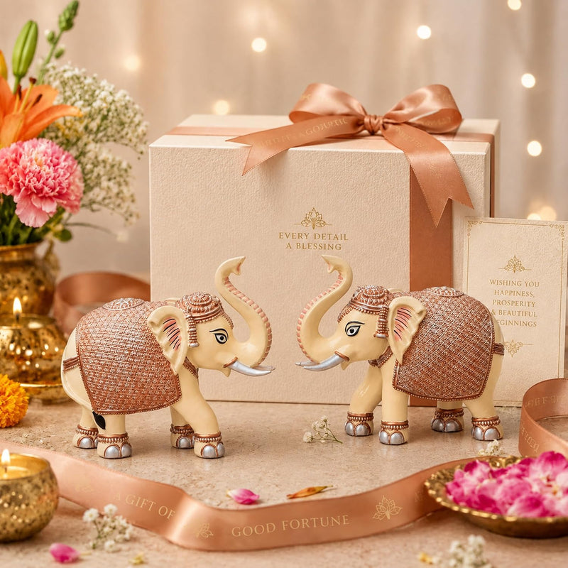 Peach Elephant Showpiece Pair, Marble Dust Resin, 5 Inch