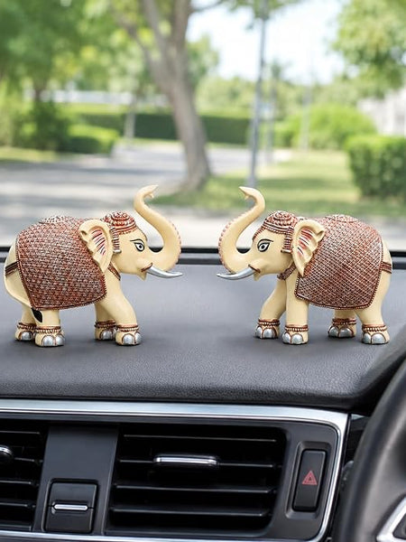 Peach Elephant Showpiece Pair, Marble Dust Resin, 3 Inch