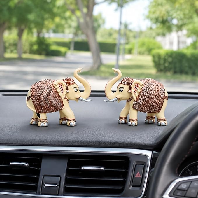 Peach Elephant Showpiece Pair, Marble Dust Resin, 3 Inch