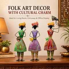 Turahi Tutari Musician Showpiece Set of 3 for Home Decor | 21 Inch Iron Metal Maharashtra Folk Artist Statue Set