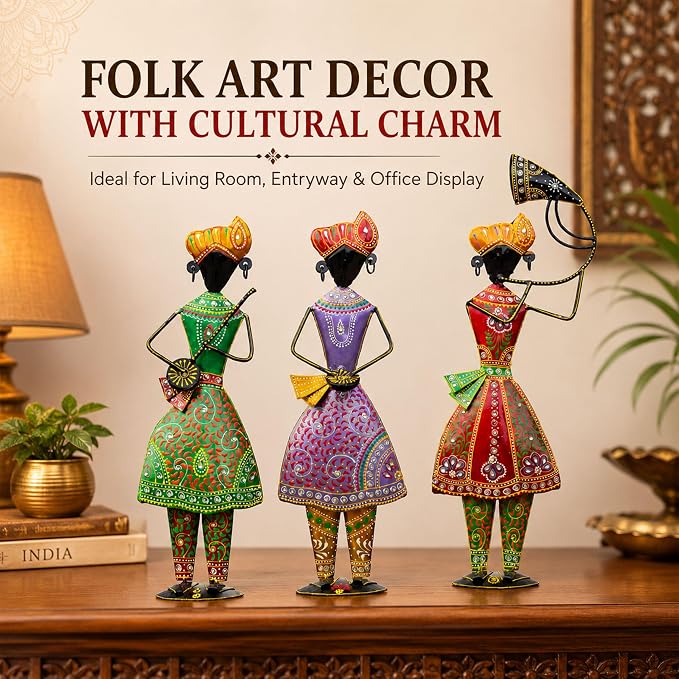Turahi Tutari Musician Showpiece Set of 3 for Home Decor | 21 Inch Iron Metal Maharashtra Folk Artist Statue Set