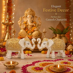 White-Gold Elephant Showpiece Pair, Marble Dust Resin, 8 Inch