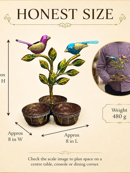 Iron Dry Fruit Bowl Stand with Bird Tree, 3 Bowls, 12 Inch