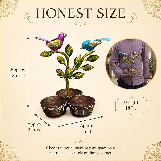 Iron Dry Fruit Bowl Stand with Bird Tree, 3 Bowls, 12 Inch