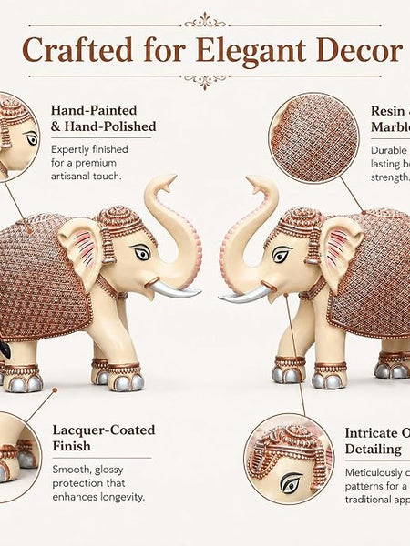 Peach Elephant Showpiece Pair, Marble Dust Resin, 8 Inch