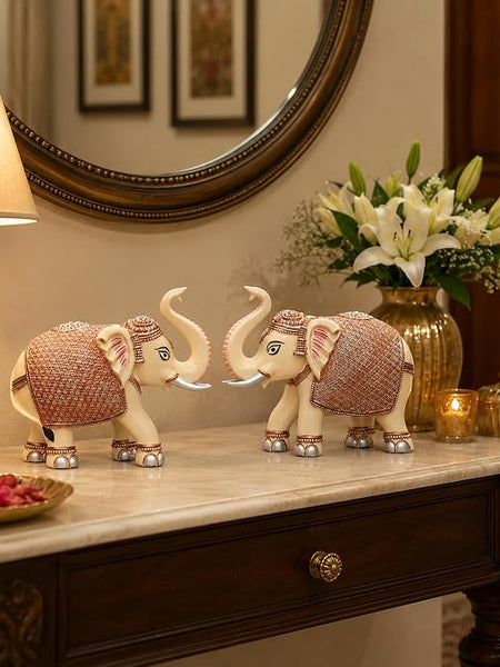 Peach Elephant Showpiece Pair, Marble Dust Resin, 8 Inch